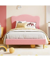 gaomon Twin Kids Velvet Upholstered Bed Frame Scallop Headboard Platform Wood Slats Noise Free No Box Spring