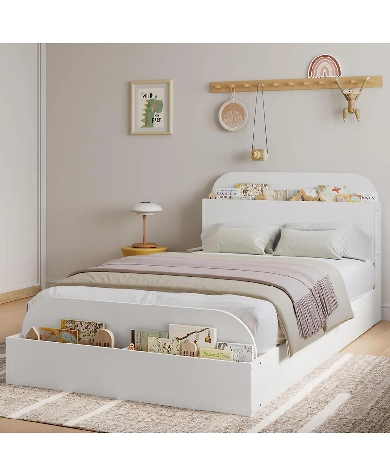 gaomon Bed Frame with Storage Headboard and Raised Footboard Low Platform Wood Slats No Box Spring