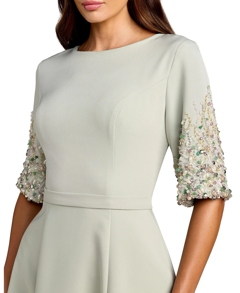 Mac Duggal Women's Crepe A Line Midi Dress With Beaded Sleeves