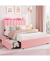 gaomon Bed Frame with Led Storage Headboard, 2 Drawers, Boucle Upholstery, Bookcase, Girls Platform, No Box Spring