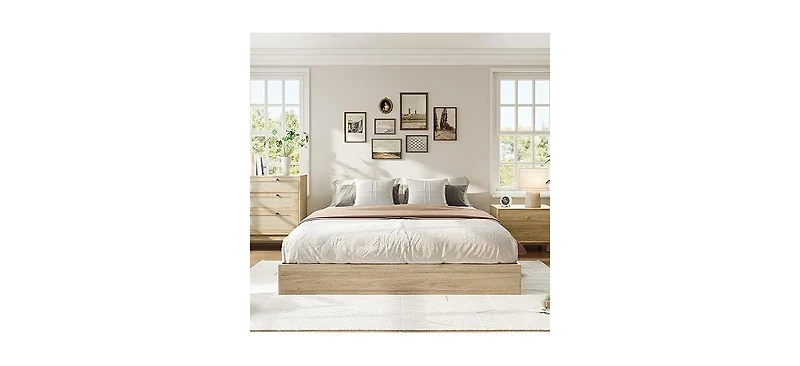 gaomon Full Floor Standing Bed Frame Sturdy Wood Slats Minimalist No Headboard No Box Spring Golden Tan Wood