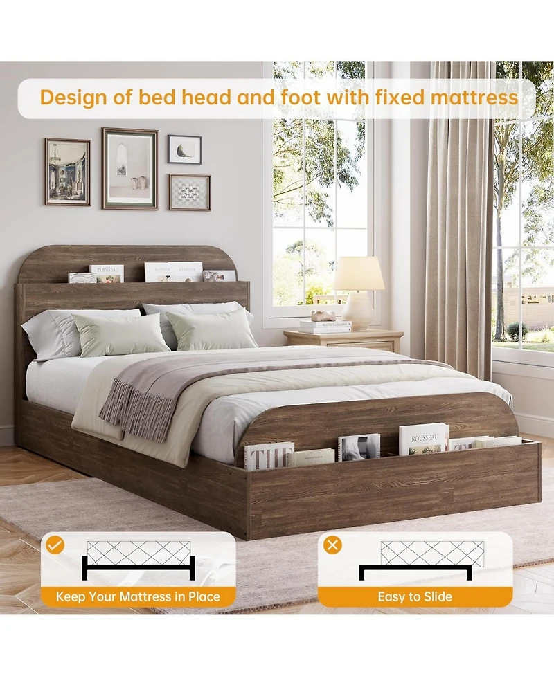 gaomon Bed Frame with Storage Headboard and Raised Footboard Low Platform Wood Slats No Box Spring Walnut
