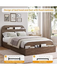 gaomon Bed Frame with Storage Headboard and Raised Footboard Low Platform Wood Slats No Box Spring Walnut