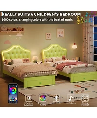 gaomon Bed Frame with Led Lights Velvet Crystal Button Headboard Storage Drawer No Box Spring