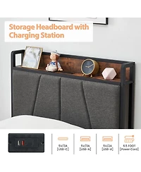 gaomon Bed Frame with 2 Drawers Charging Station Rustic Linen Upholstered No Box Spring Needed