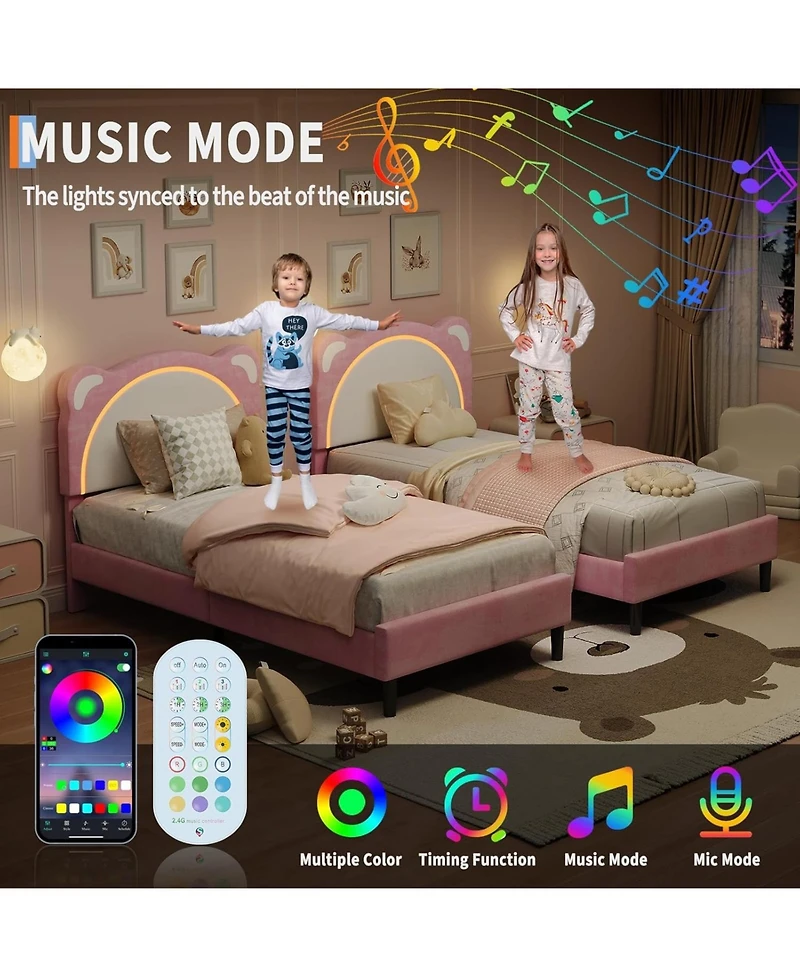 gaomon Twin Velvet Upholstered Bed Frame with Smart Led Headboard, Wooden Slats, Platform Design, No Box Spring Required