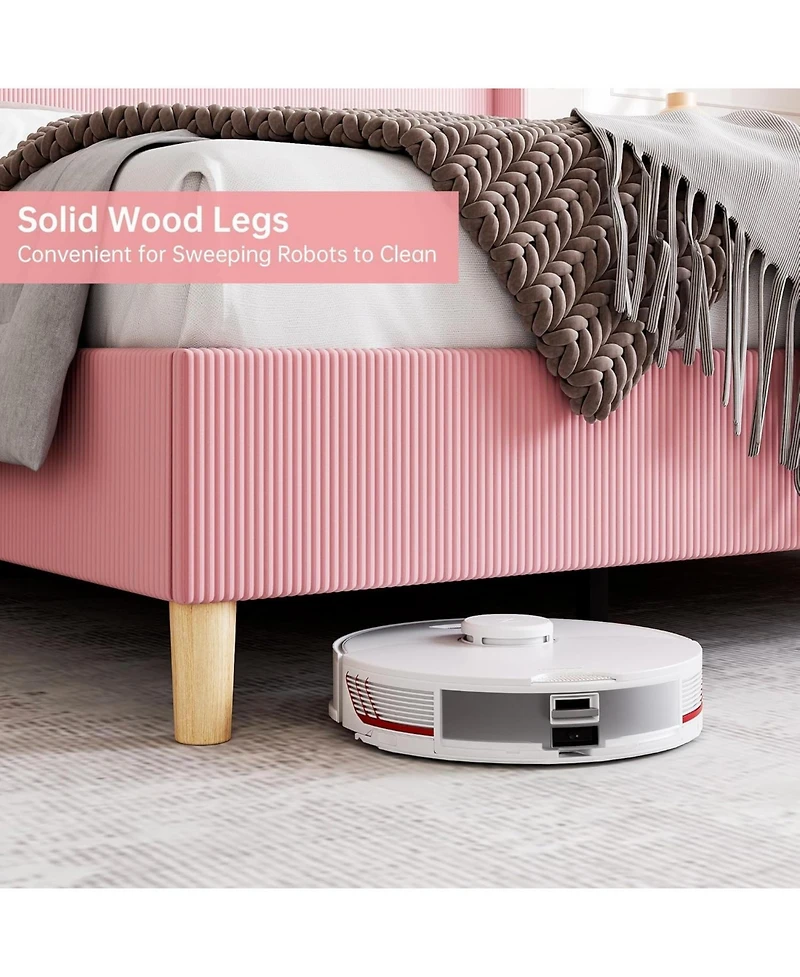 gaomon Queen Corduroy Upholstered Platform Bed, Channel Tufted Wingback Headboard, Strong Slats, Easy Assembly