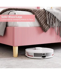 gaomon Queen Corduroy Upholstered Platform Bed, Channel Tufted Wingback Headboard, Strong Slats, Easy Assembly