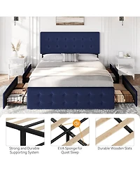 gaomon Platform Bed Frame with 4 Storage Drawers, Velvet Tufted Headboard, Wooden Slats No Box Spring