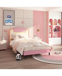 gaomon Upholstered Platform Bed with Led and Fabric Headboard, Princess Style, Pink White, Wood Slats