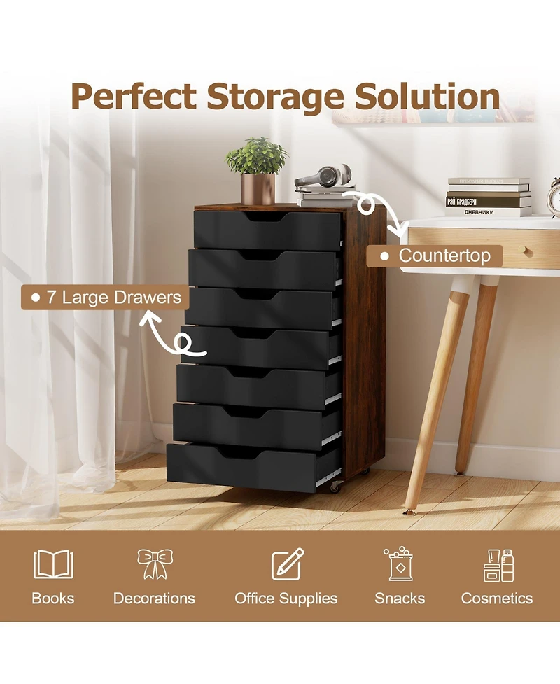 Sugift Seven Drawer Wooden Storage Dresser with Lockable Wheels