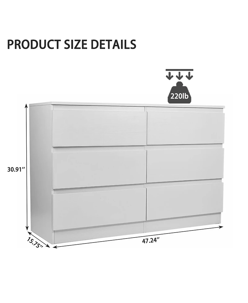Rainsken 6 Drawer Dresser for Bedroom, Wood Storage Cabinet with Concealed Handles and Deep Drawers
