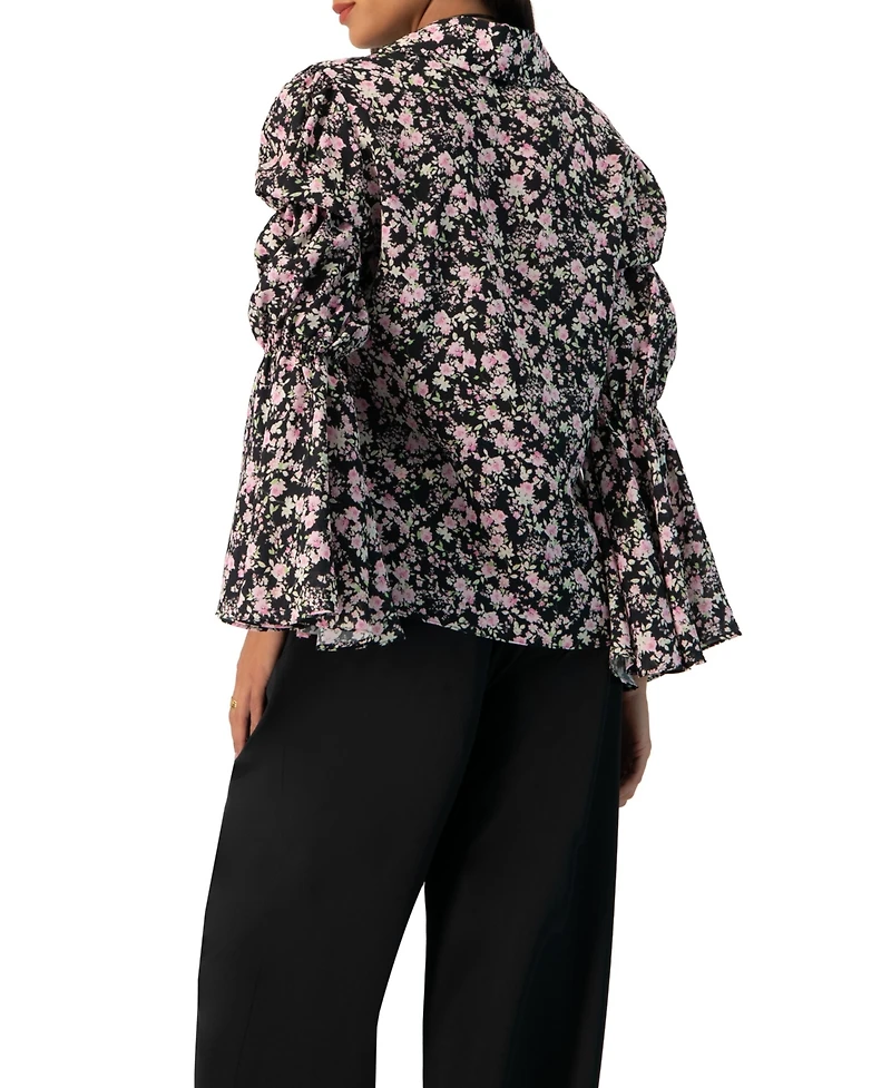 Ivonne Women's Collared Long Sleeve Floral Print Blouse