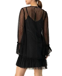 Ivonne Women's Flocked Polka Dot Short Dress with Wide Long Sleeves