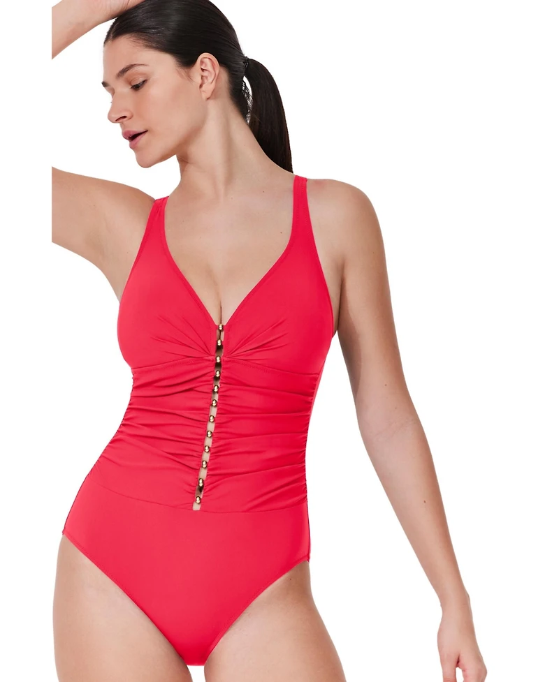 Profile by Gottex Women's Tutti Frutti V-Neck Gold Beaded One Piece