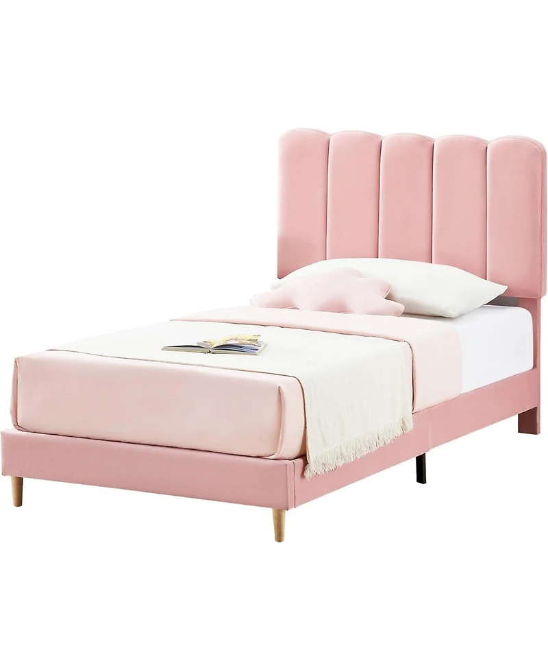 gaomon Velvet Upholstered Bed Frame with Drawers and Wavy Headboard for Girls, Platform Design, Wooden Slats