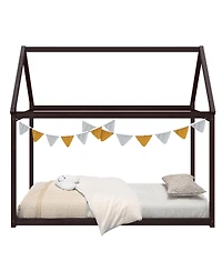 Sugift Kids Platform Floor Bed with Roof and Heavy Duty Slats