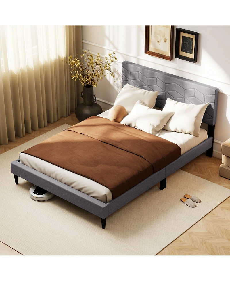 Sugift Modern Upholstered Platform Bed with Linen Headboard