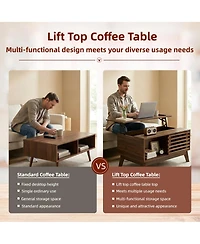 Rainsken Lift Top Coffee Table with Storage, Mid Century Modern Center Table with Sliding Slatted Door and Hidden Compartment for Living Room