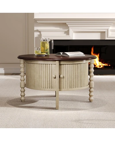Rainsken Vintage Round Coffee Table, Fluted Center Table with Sliding Door, Slatted Design for Living Room, Small Space