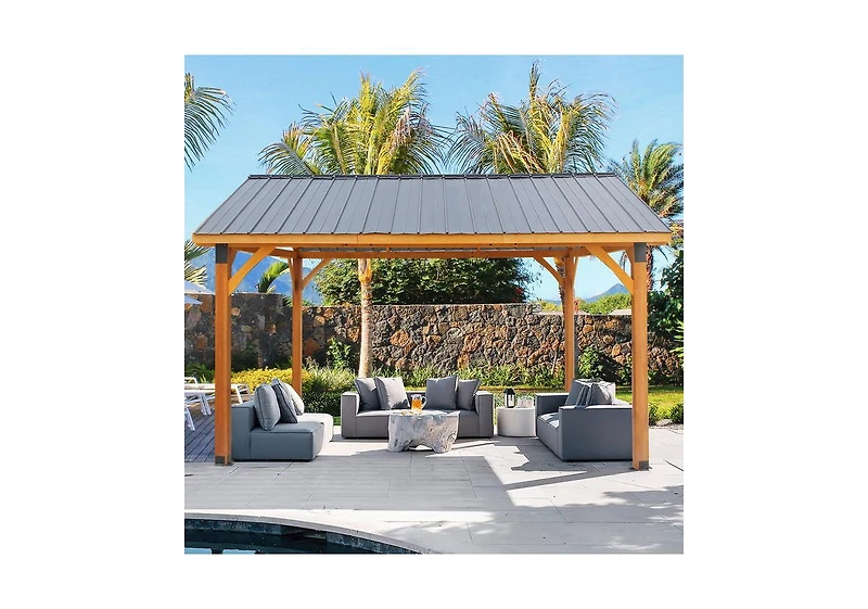 Aecojoy 14' x 12' Hard-Top Gazebo, Wooden Gazebo on Clearance, Outdoor Pergola