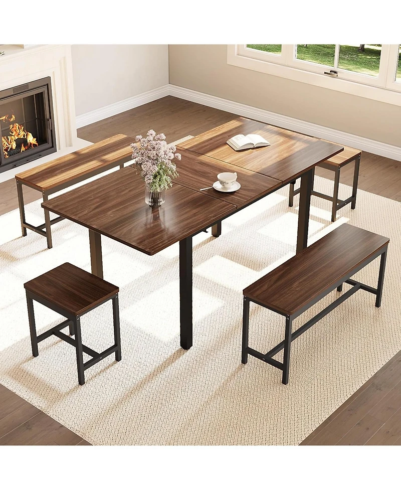 gaomon 63" Extendable Dining Table Set, Includes 2 Benches & 2 Stools, Modern Table for 8, Easy Assembly
