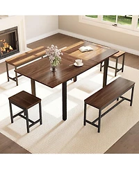 gaomon 63" Extendable Dining Table Set, Includes 2 Benches & 2 Stools, Modern Table for 8, Easy Assembly