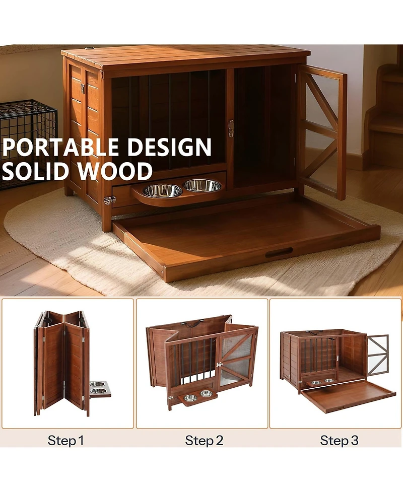Aostirmotor 43" Solid Wood Dog Crate Furniture End Table with Rotating Feeder and Removable Tray