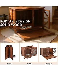 Aostirmotor 43" Solid Wood Dog Crate Furniture End Table with Rotating Feeder and Removable Tray