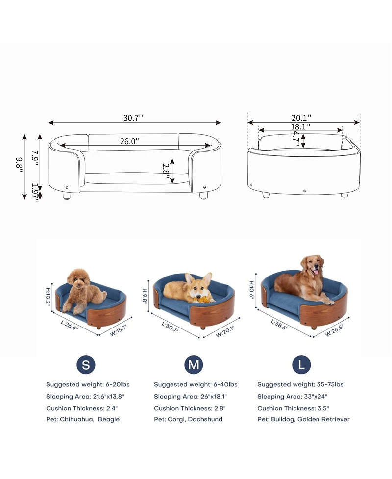 6thdruple Mid-Century Wood Pet Bed with Velvet Cushion