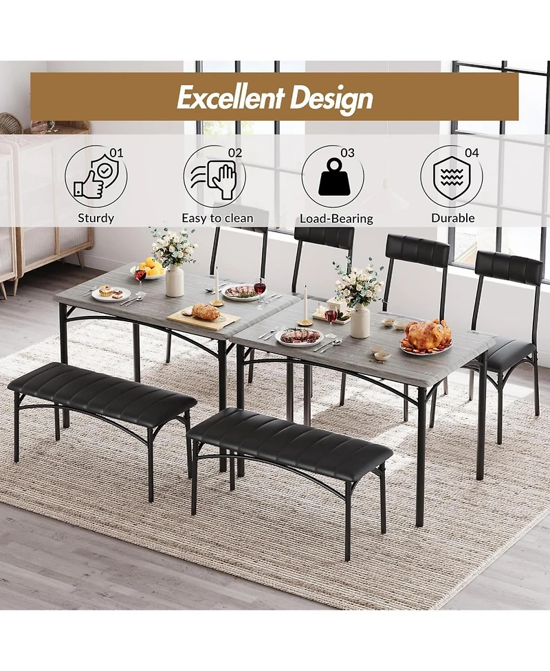 gaomon 5 Piece Dining Table Set for 4, Metal Frame Table with Bench & Upholstered Chairs, Modern Set for Apartments