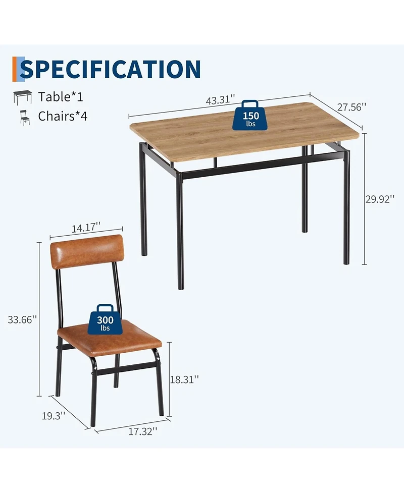 gaomon 5-Piece Dining Table Set for 4, Wooden Kitchen Table, Pu Upholstered Chairs, Industrial Frame, Home or Studio