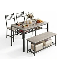 gaomon Farmhouse Dining Table Set for 4, Modern Rectangular Table, 2 Upholstered Chairs, Storage Benches & Rack