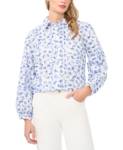 CeCe Women's Floral Collared Button-Down Top