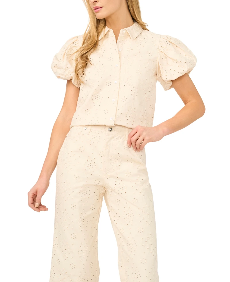 CeCe Women's Collared Puff-Sleeve Cotton Shirt