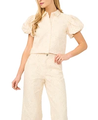 CeCe Women's Collared Puff-Sleeve Cotton Shirt