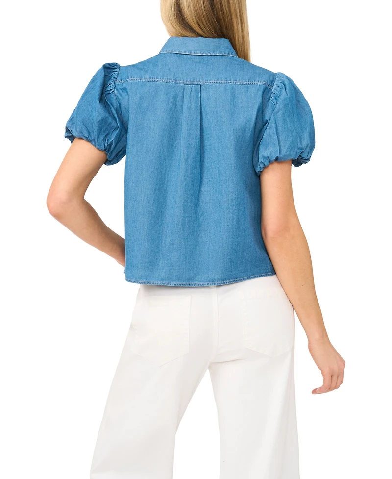 CeCe Women's Collared Puff-Sleeve Button-Up Cotton Top