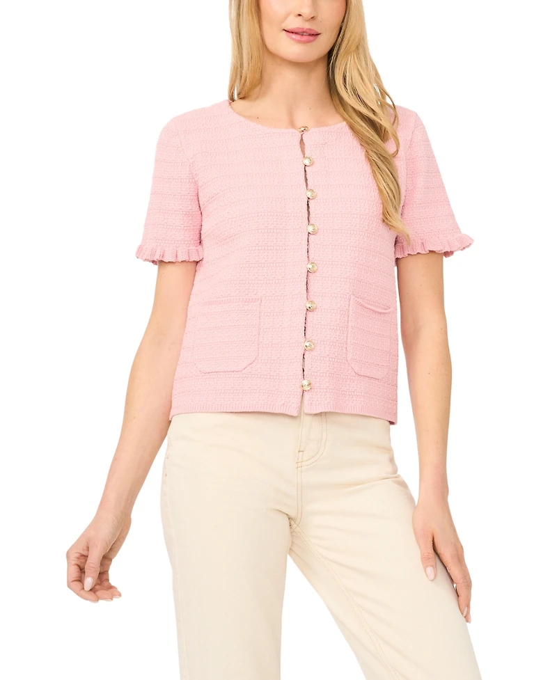 CeCe Women's Crewneck Short-Sleeve Cardigan Sweater