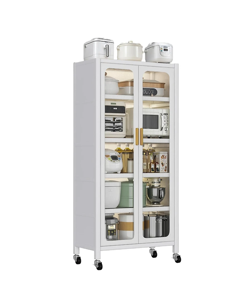 Rainsken 5 Tier Metal Display Storage Cabinet with Transparent Door, Adjustable Shelves and Wheels, Food Pantries Cabinets for Kitchen, Dining Room