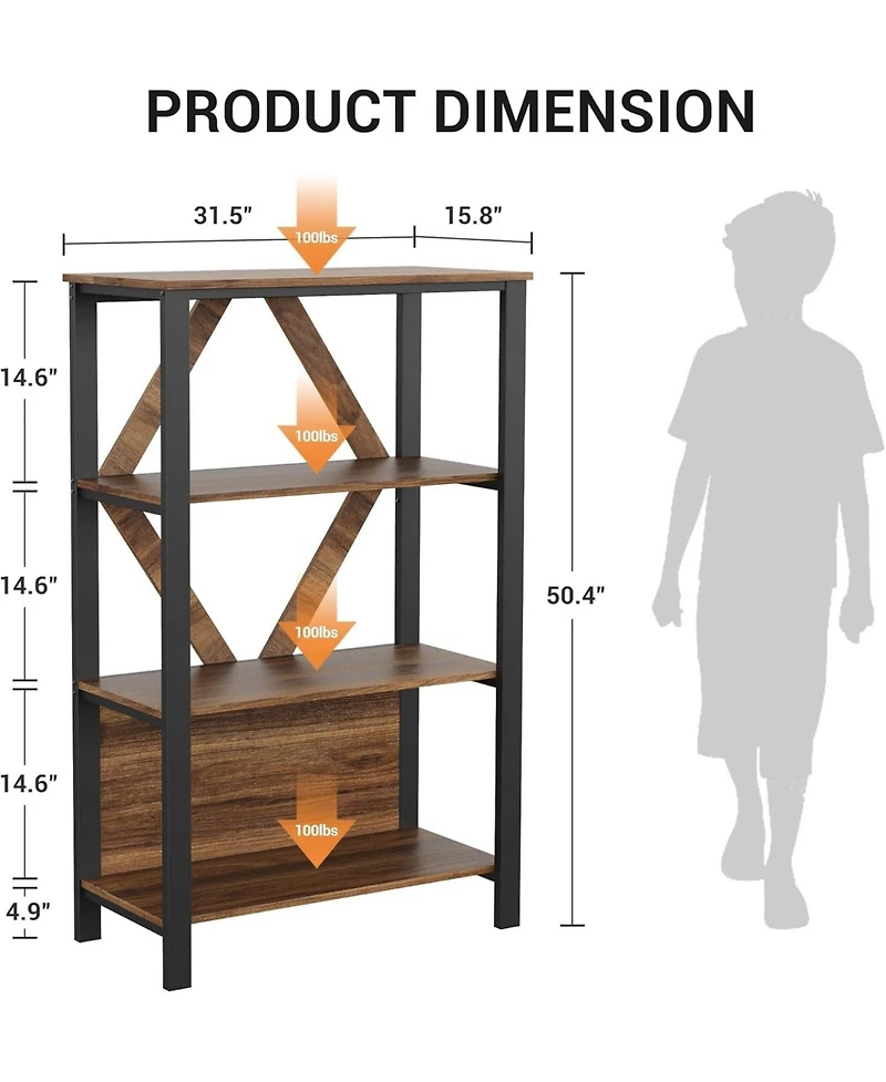 gaomon 4-Tier Retro Bookshelf with Led Light, Industrial Rustic Bookcase, Open Wood Storage Rack for Bedroom or Living Room