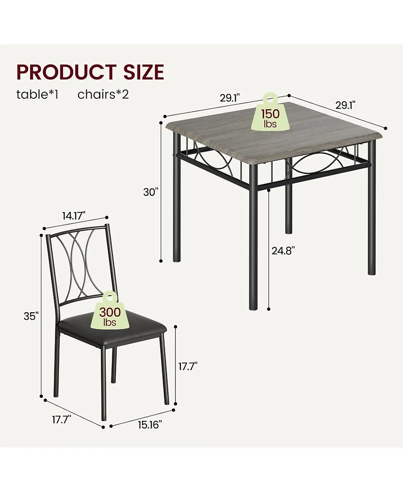 gaomon 3-Piece Dining Table Set for 2, Kitchen Table with Upholstered Chairs, Space-Saving Square Table for Small Apartment