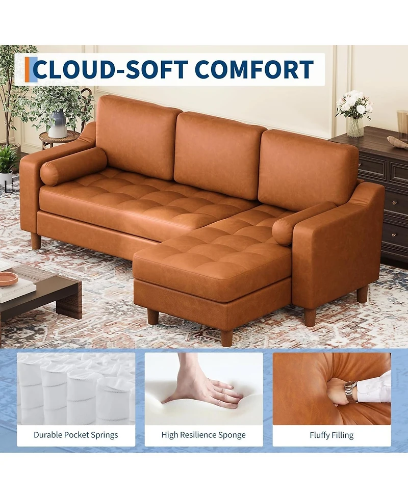 gaomon 88.9" L-Shaped Leather Sofa with Chaise, Mid-Century Modern 3-Seater Couch