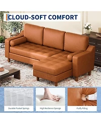 gaomon 88.9" L-Shaped Leather Sofa with Chaise, Mid-Century Modern 3-Seater Couch