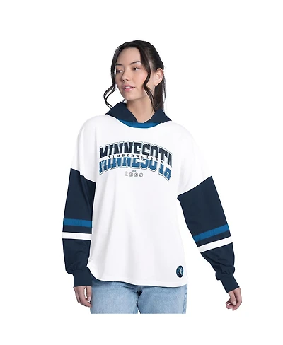 G-iii 4Her by Carl Banks Women's White/Navy Minnesota Timberwolves Key Player Oversized Hooded Long Sleeve T-Shirt