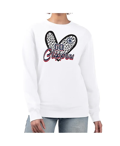 G-iii 4Her by Carl Banks Women's White La Clippers Leopard Heart Fleece Pullover Sweatshirt