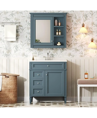 Thirtypeachy 24" Indigo Modern Luxury Ceramic Sink Bathroom Vanity, Open Shelf Closed Cabinet Storage, 4" Faucet Fit
