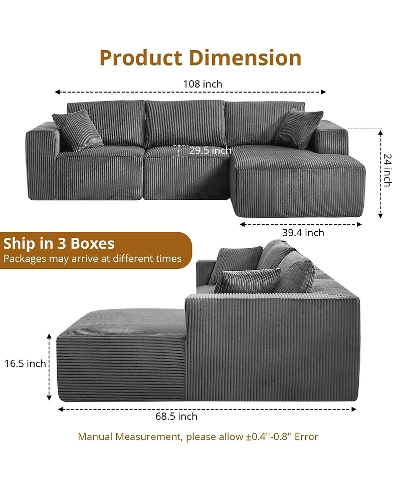 gaomon 108" L-Shaped Modular Sectional Sofa, 3-Piece Corduroy Cloud Couch with Right Facing Chaise and Armrests, No Assembly