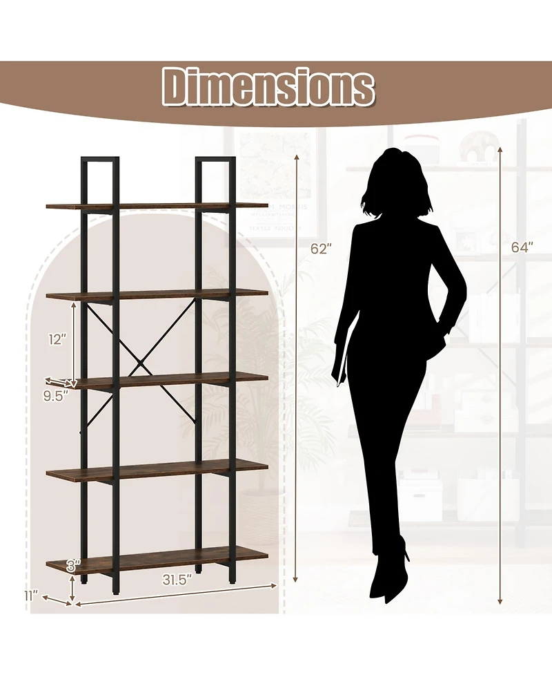Slickblue 62" Tall Vintage Industrial Bookcase with 5 Open Shelves