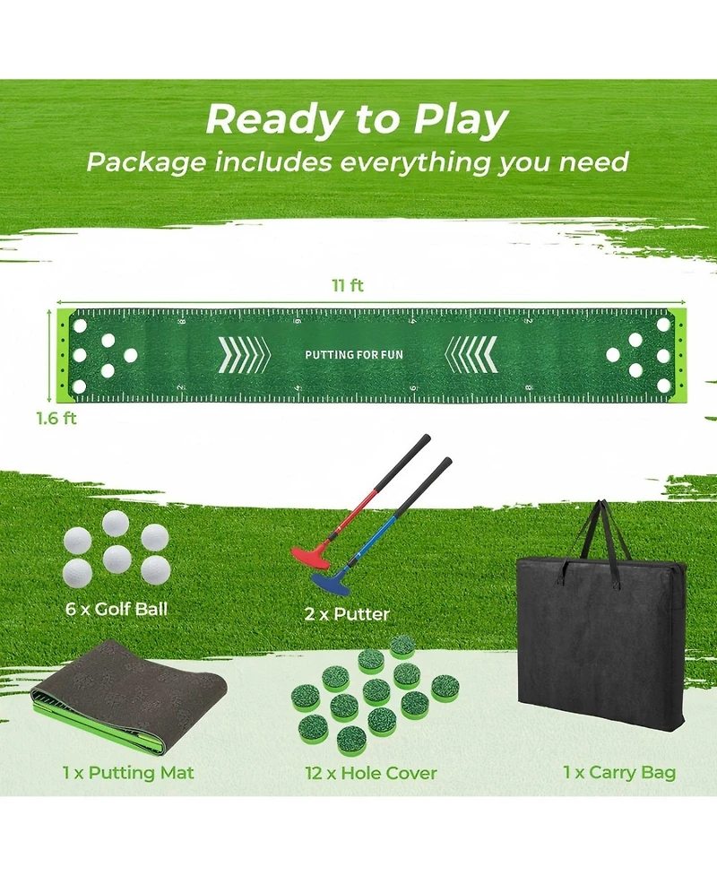 Hongge 11 Ft Putting Green Mat with 2 Adjustable Putters and 6 Balls
