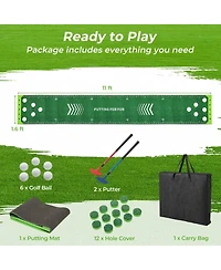 Hongge 11 Ft Putting Green Mat with 2 Adjustable Putters and 6 Balls